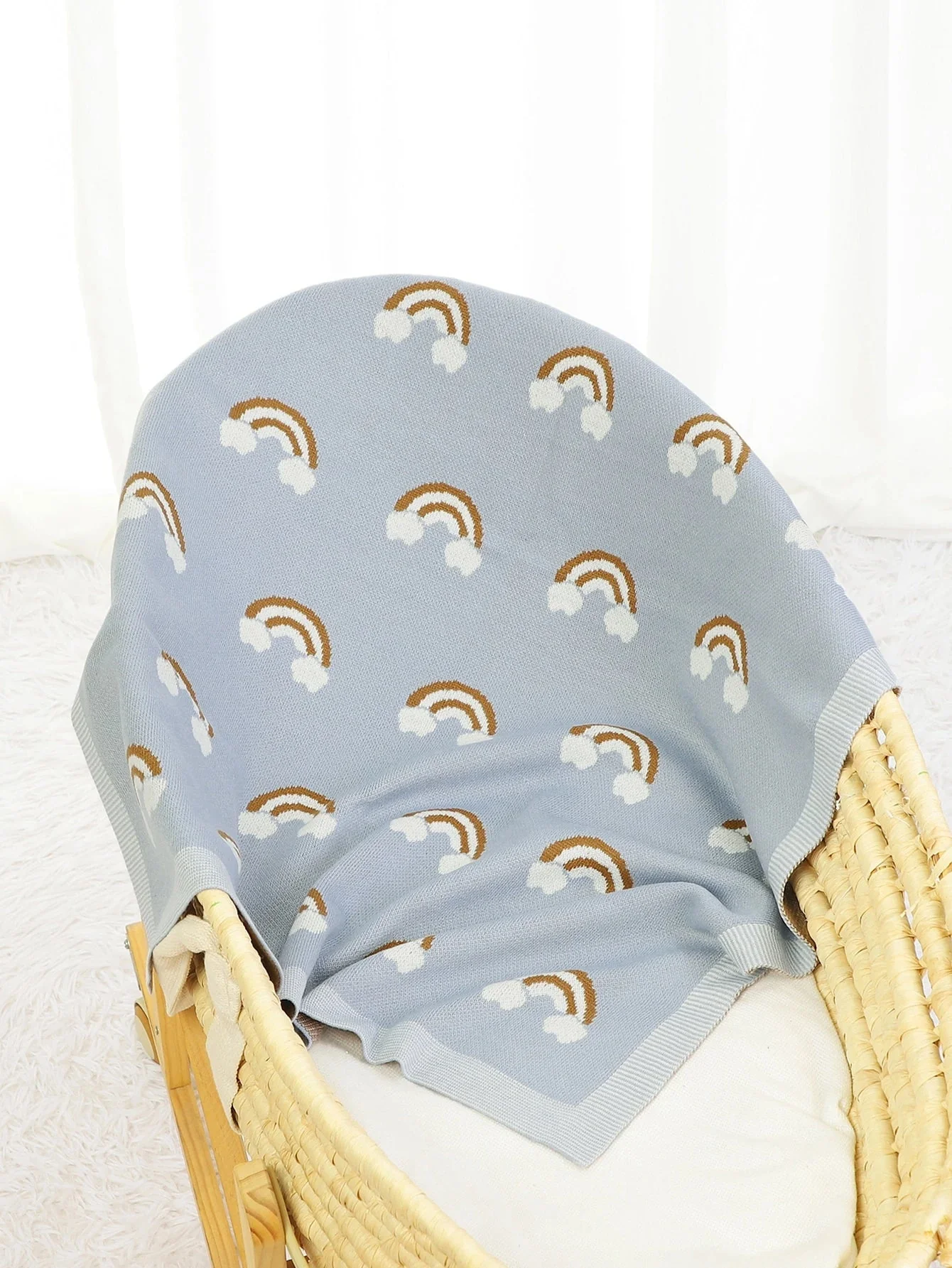 1 manta de bebé de punto azul claro con patrón de arcoíris para todas las estaciones - Imagen 2