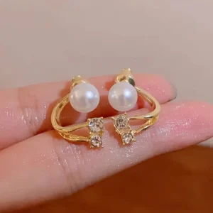1 Par de Aretes Brillantes para Mujeres, Diseño Doble Frente y Dorso, Aros en Tono Dorado con Detalles