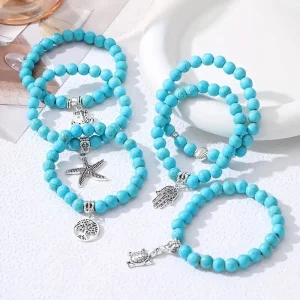 14pcs Elegante pulsera de cuentas turquesas con dije de estrella de mar y cuentas de resina