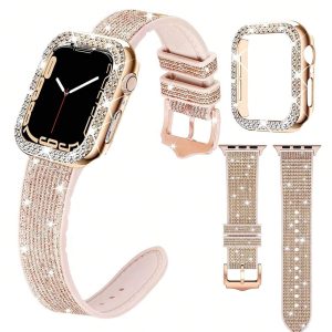 2 correas para Apple Watch. Estuche rígido de policarbonato y borde dorado rosa