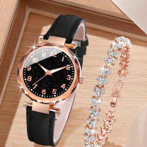 2 piezas/set Reloj de pulsera de cuarzo minimalista con esfera