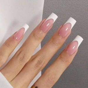 24pcs Uñas Postizas de Gel Franceses, Cuadradas Rosa y Blanca