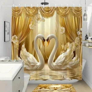 4 piezas, conjunto de cortina de ducha creativa con estampado 3D de cisne dorado