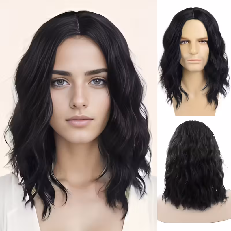 Peluca Sintética de Fibra Resistente al Calor para Mujer, Ondas Rizadas Negras, 12 Pulgadas