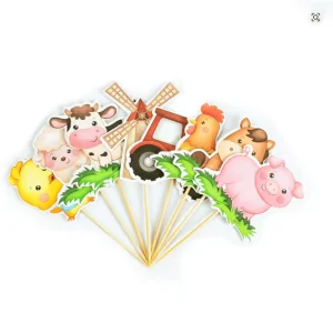 8uds. De adornos para magdalenas de papel de animales de granja, selecciones para pasteles temáticos