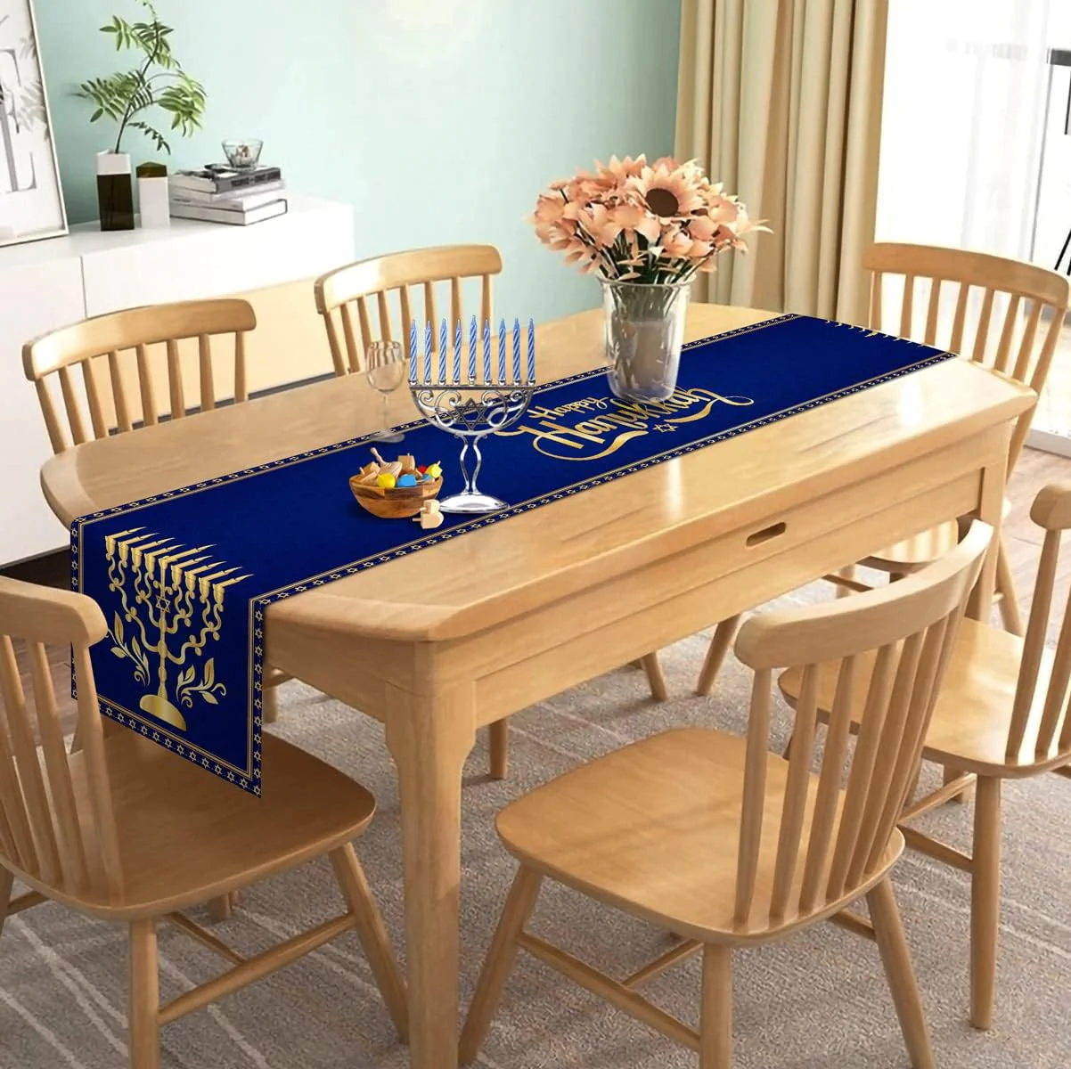 Camino de mesa de lino feliz Hanukkah decoración de Janucá judía - Imagen 2
