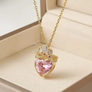 Collar romántico con colgante de corazón y corona rosa y blanca para mujer