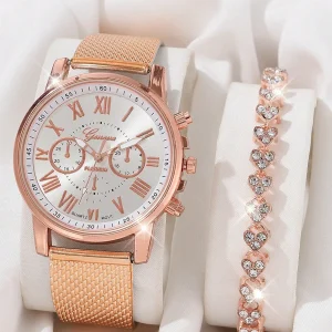 Conjunto de reloj casual para mujer con correa y brazalete de aleación decorado con diamantes de imitación