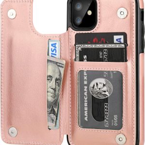 Funda tipo cartera para iPhone 11 con tarjetero y ranuras para tarjetas, doble cierre magnético