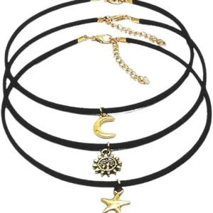 Gargantilla negra para mujer, collar con colgante de estrella y sol, luna, cuerda de terciopelo negro