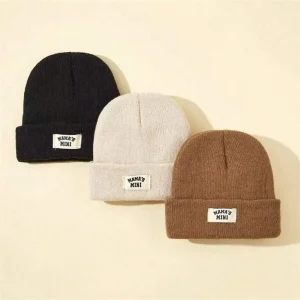Gorro de punto para niños de 3 piezas, color liso, ideal para el invierno, cálido y cómodo.