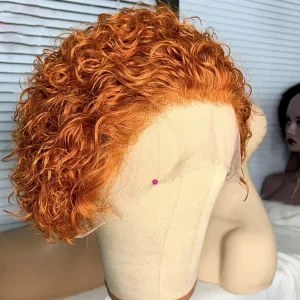 Jengibre 350 Pelocorto y rizado Pelucas de corte pixie rizado Frente de encaje