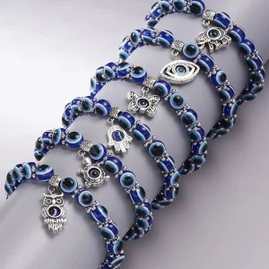 Juego de 6 pulseras de cuentas con diseño de mano de Hamsa y ojo malvado para mujer