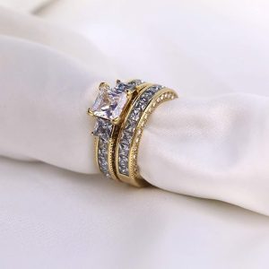 Juego de anillos de boda en color oro amarillo de princesa circonitas para mujer