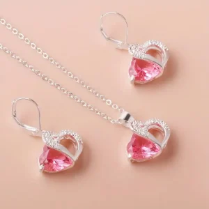 Juego de Collar y Pendientes en Forma de Corazón Plateado, Conjunto de Colgante