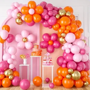 Kit de arco de guirnalda de globos rosa y naranja, 126 globos de látex dorado de metal cromado rosa y naranja