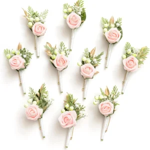 Ling's Moment Boutonniere para hombres, 10 flores artificiales para decoración de boda