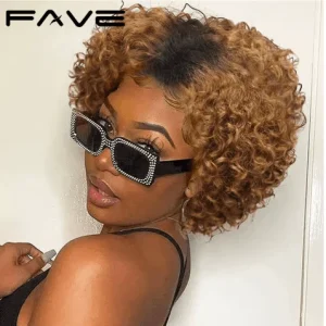 Peluca corta rizada estilo pixie de cabello sintético brasileño Remy castaño con raya al lado