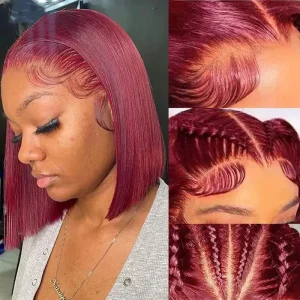 Pelucas Bob con Encaje Frontal Burdeos, Corte Recto Pre-Desplumado