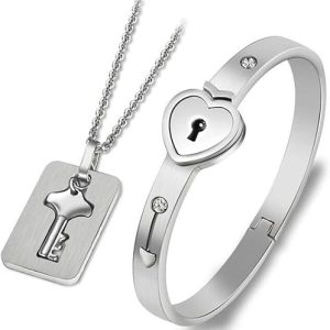 Pulsera con llave de corazón y collar con llave, joyería de acero inoxidable para parejas
