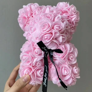 SHEIN 1 osito de peluche con rosa artificial preservada, hecho a mano, para decorar el hogar.