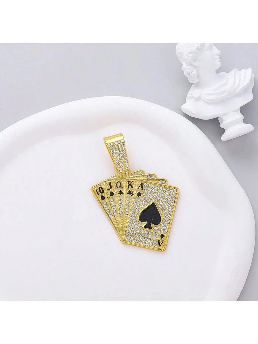 Shein Collar con colgante de carta de póker con diamantes de imitación para hombre, estilo punk hip hop - Imagen 3