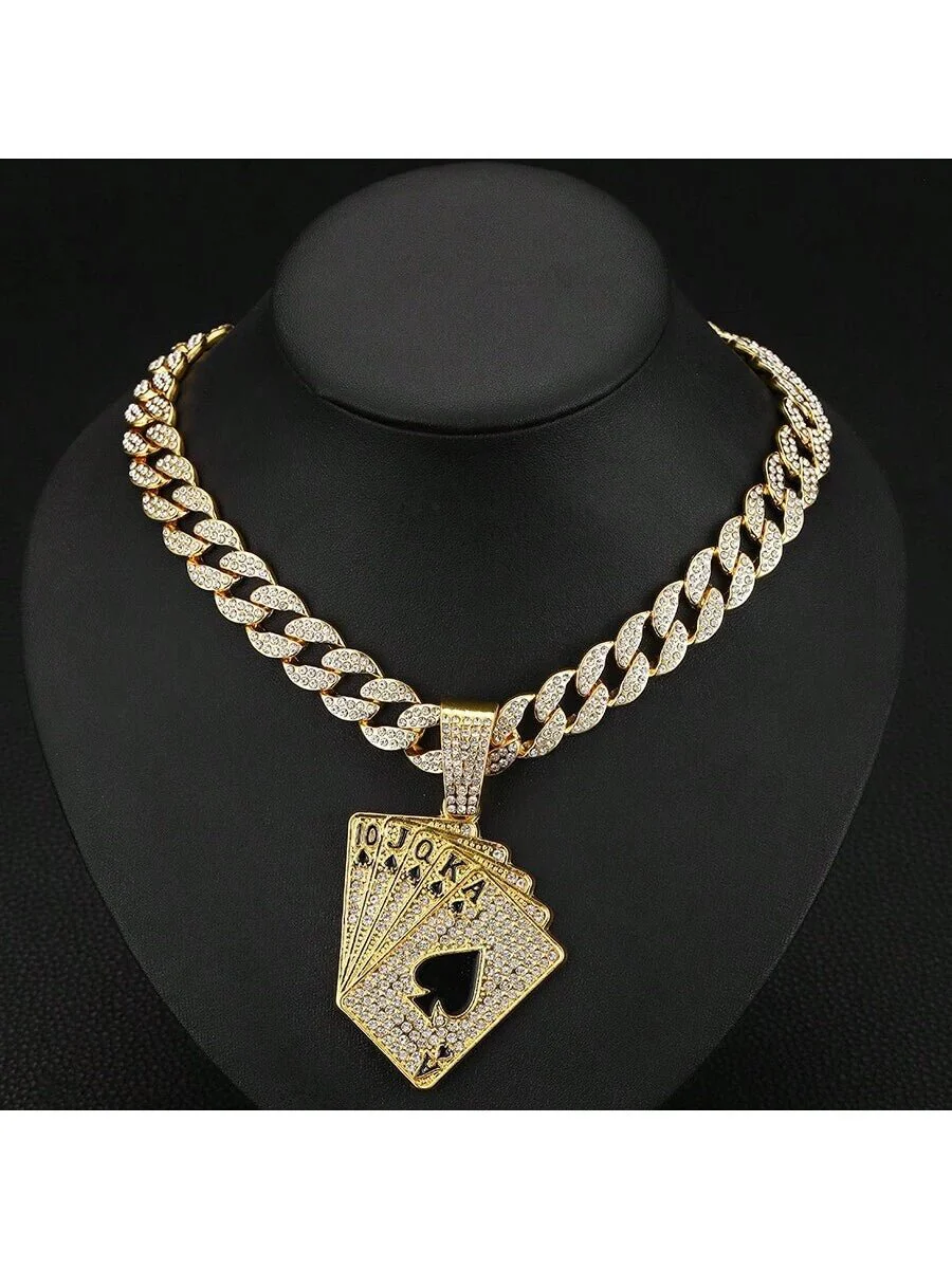 Shein Collar con colgante de carta de póker con diamantes de imitación para hombre, estilo punk hip hop - Imagen 4