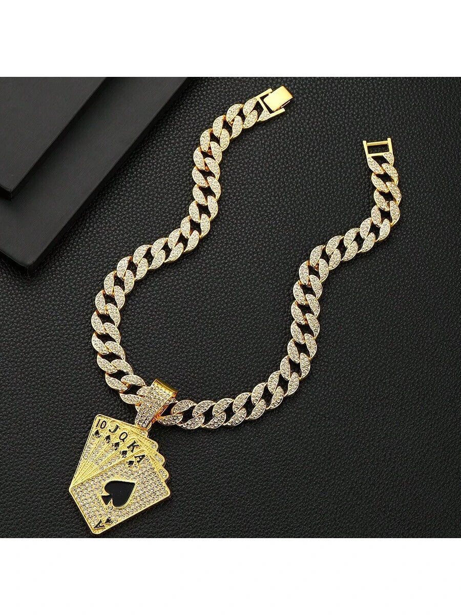 Shein Collar con colgante de carta de póker con diamantes de imitación para hombre, estilo punk hip hop