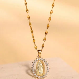 Shein Collar de la Virgen María con colgante de diamantes y circonita cúbica, cadena de acero inoxidable