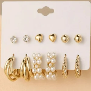 Shein Juego de pendientes dorados con diseño geométrico para mujer con tachuelas de perlas artificiales