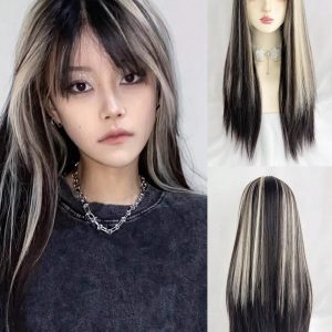 SHEIN Peluca sintética rubia con reflejos marrones y negros con flequillo