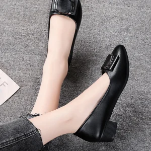 SHEIN Zapatos Oxford negros de tacón grueso para mujer, tacón medio, hebilla decorativa