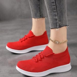 Zapatos de punto sin cordones rojos para mujer para deportes, ropa informal