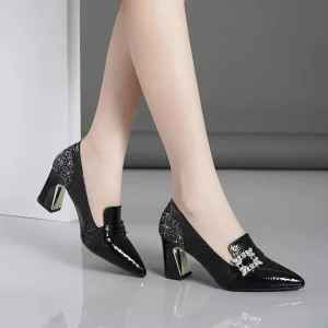 Zapatos de tacón grueso casuales con hebilla de pedrería para mujer, con patrón de lentejuelas